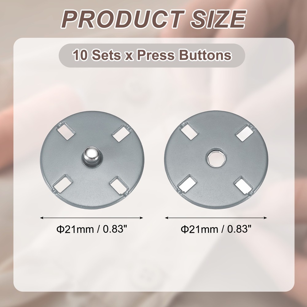 10 Sets Sewing Snap Buttons, Press Buttons Snap Fasteners 21mm, Gray