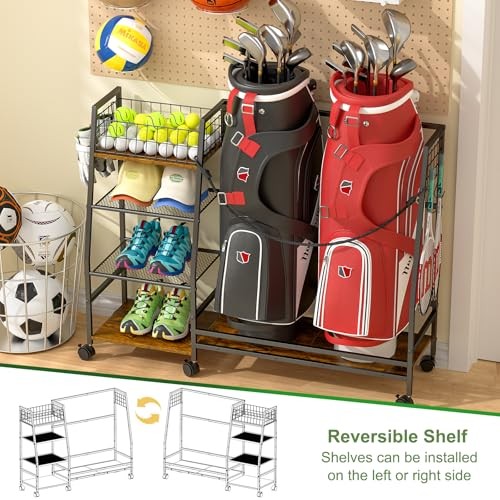 Golf Bag Storage Rack for Garage with Wheels, Organizer for Golf Bag and 2 bags