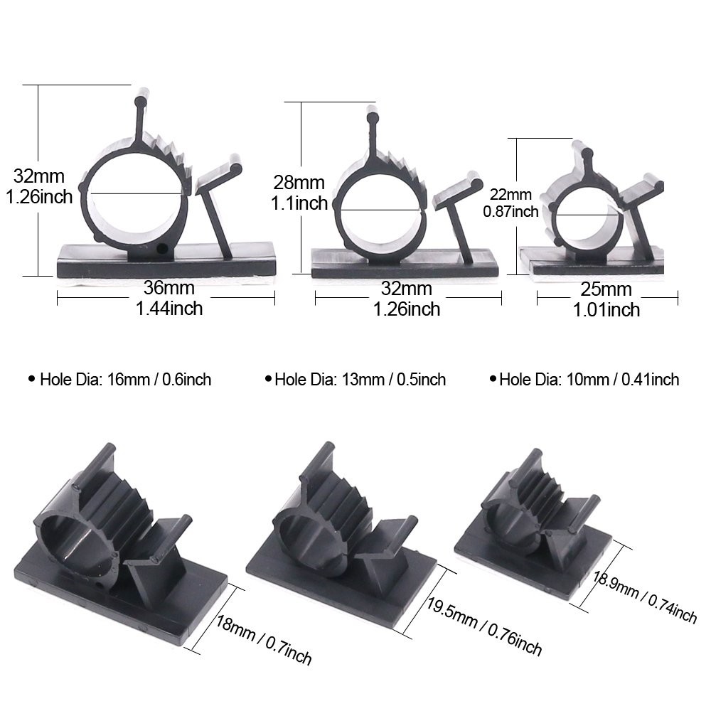 100Pcs 3 Sizes Adjustable Multipurpose Self-Adhesive Cable Clips Wire Black
