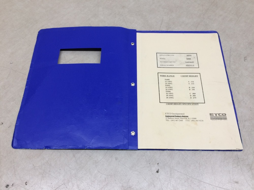 ETCO Mini Applicator Side Model 51665/66/85 Crimp Press Tool Manual Guide