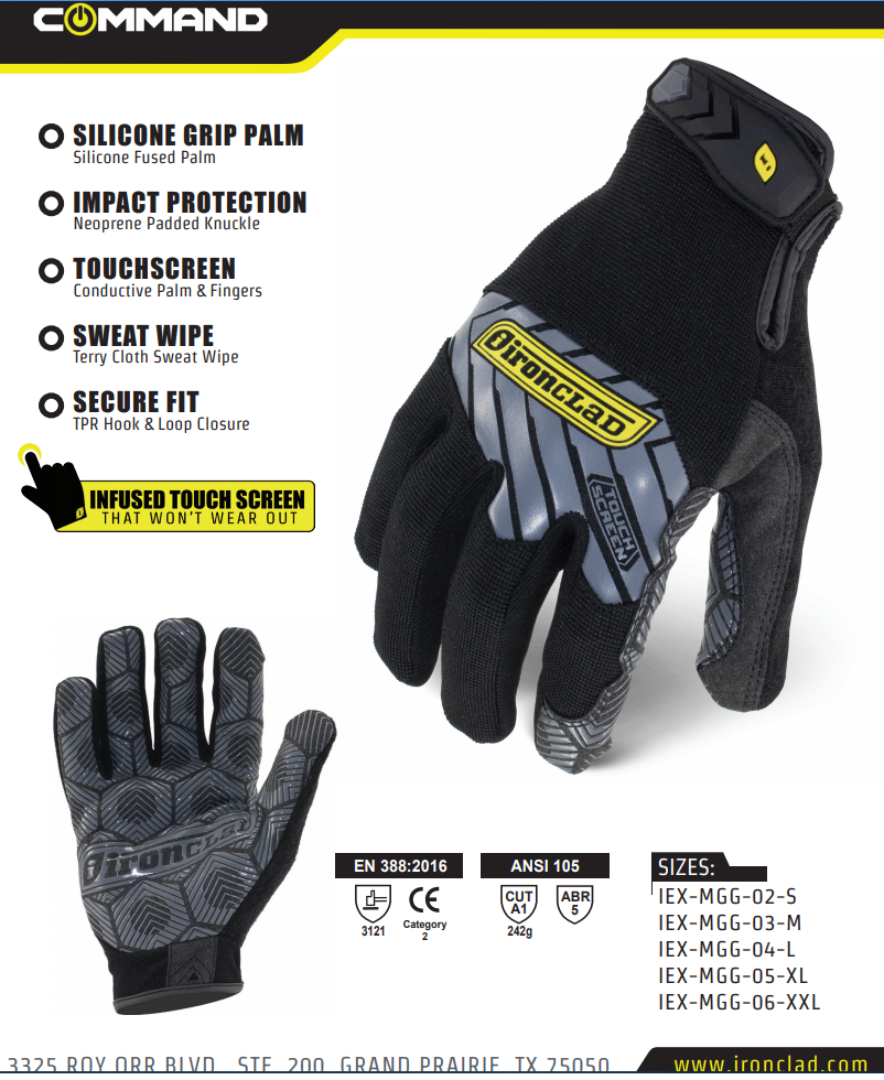 IronClad IEX-MGG Grip Command Touch Gloves Black - Select Size