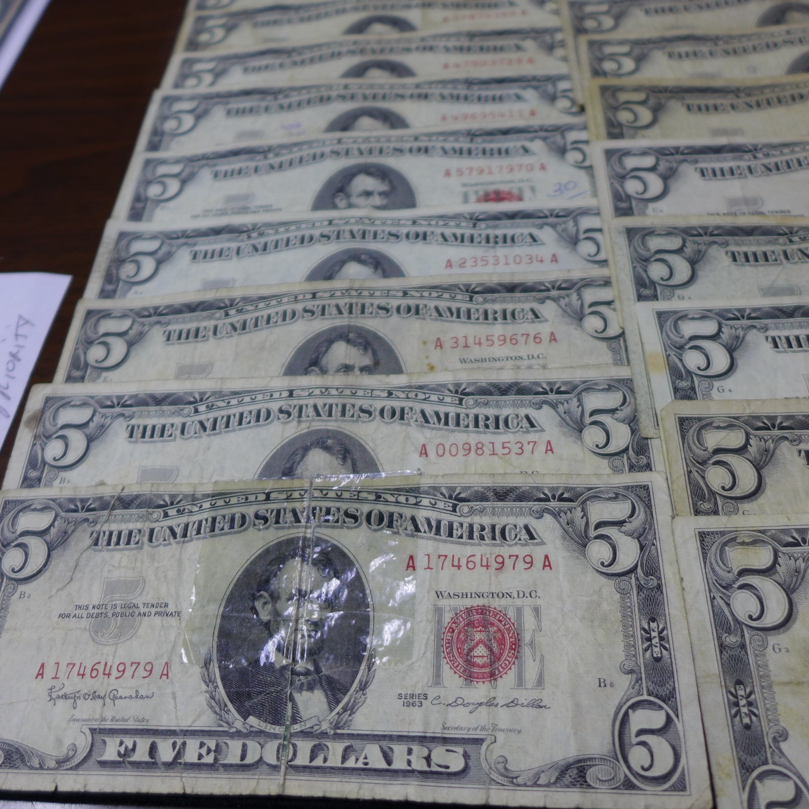 Lot of (50) 1963 Red Seal FIVE Dollar $5 Bills CIRCULATED BILLS - Culls