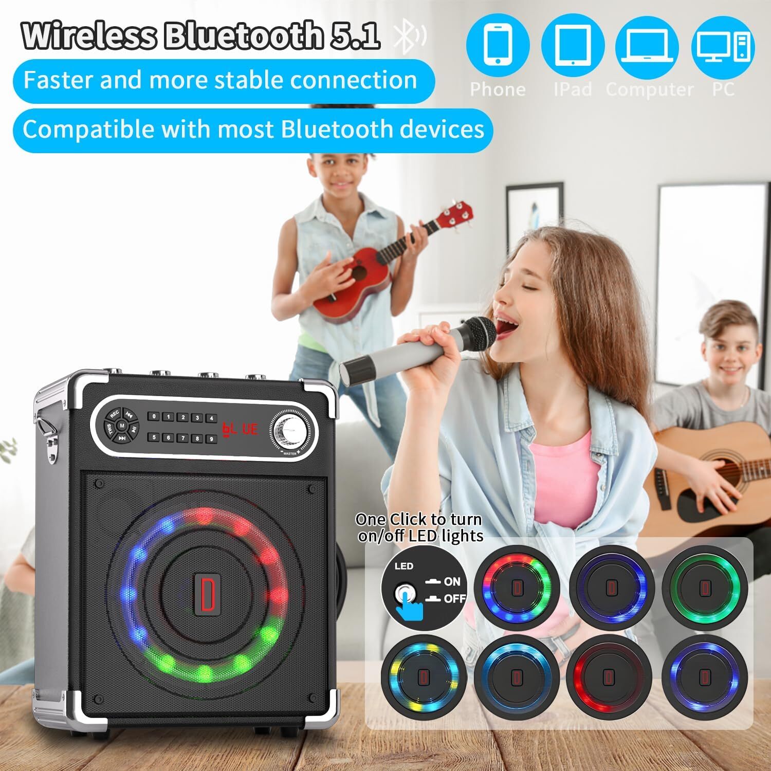 Karaoke Machine with 2 Wireless Microphones,Portable Bluetooth 5.1 Speaker Light