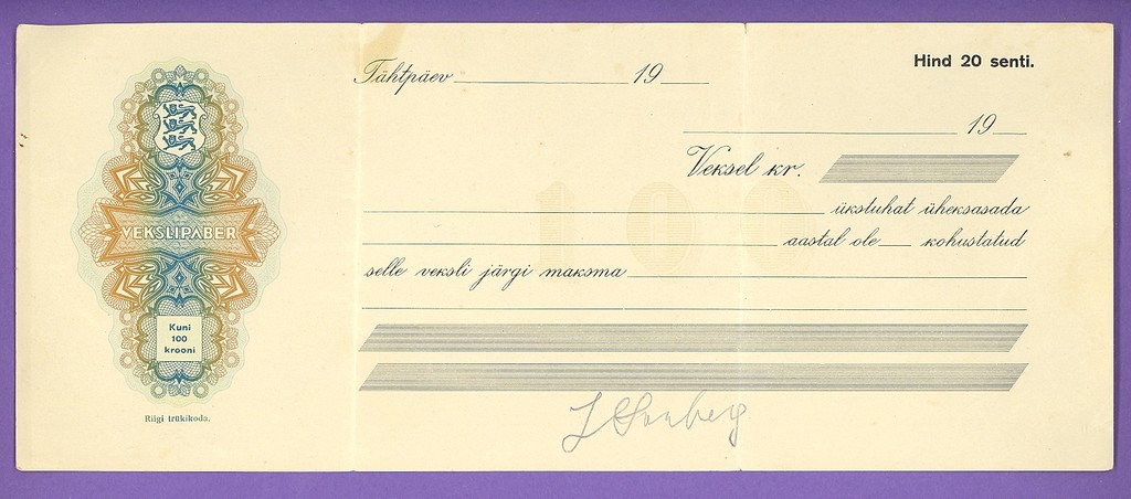 Estonia:Bill of Exchange Veksel 100 Krooni 1920-1940