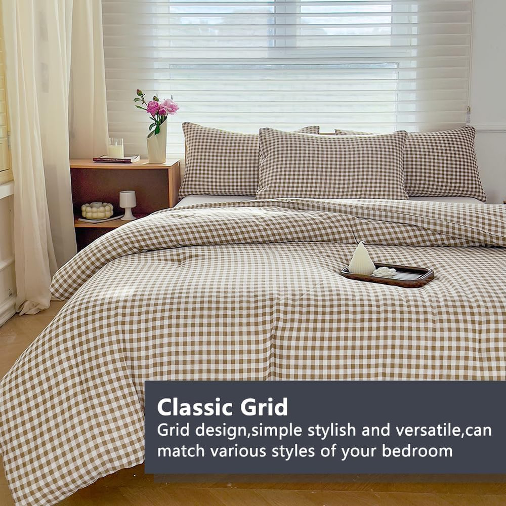 Comforter Set King Size, Tan Gingham Bedding Comforter Sets, Brown Grid Bed Comf