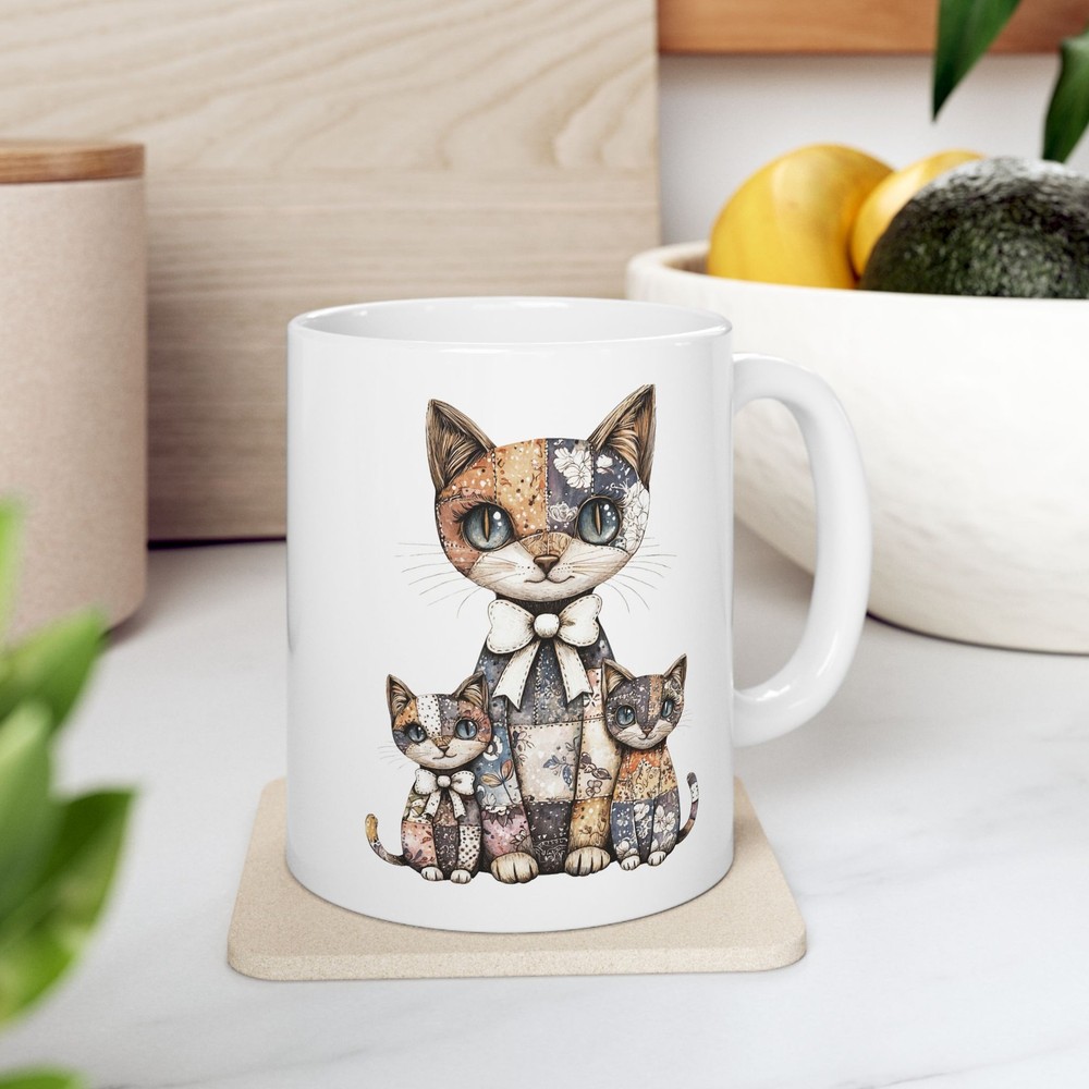 Patchwork Cat Mug Cat Patchwork Art Gift Cute Coffee Cup for Women