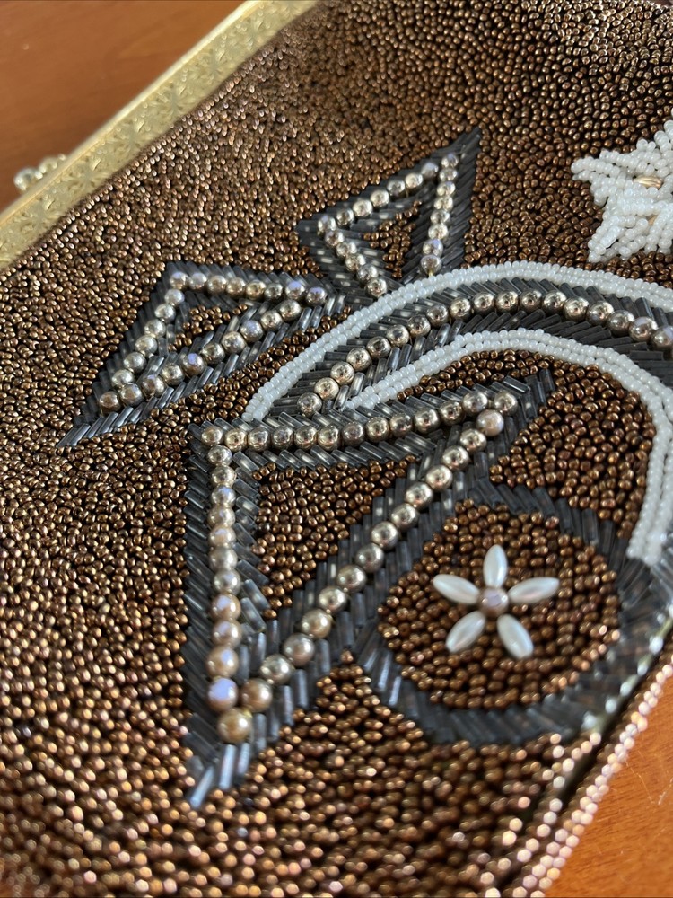 Vtg Copper Beaded Bag Handbag Purse