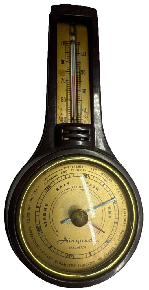 Vintage Airguide 8" Brown Bakelite Wallmount Barometer Thermometer
