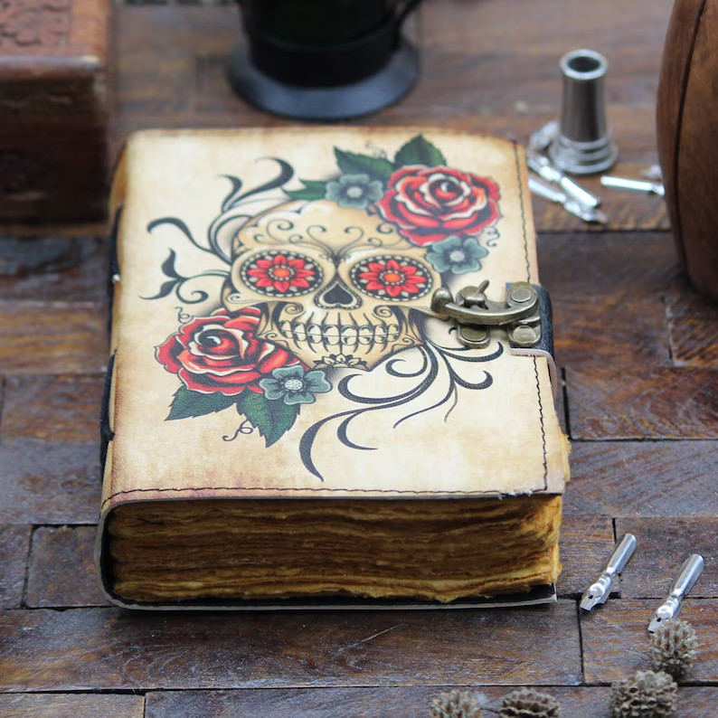 Skull Printed Leather Journal Custom Personalized Notebook Unique Vintage Design