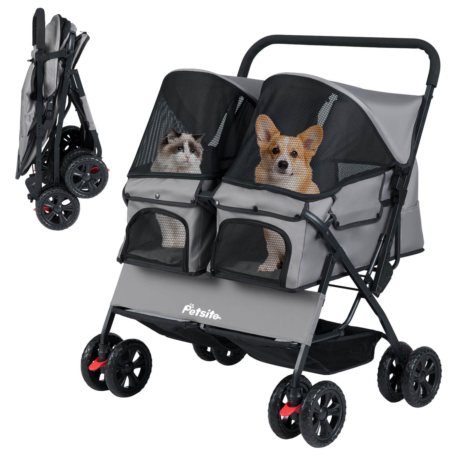 Double Pet Stroller w/ 2-seater Carrier, Adjustable Sunshade, Removable Pad