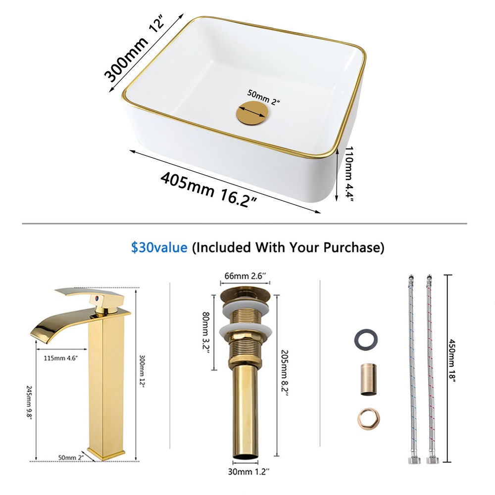White&Gold Bathroom Sink Rectangular Ceramic Basin Mixer Waterfall Tap Set Drain