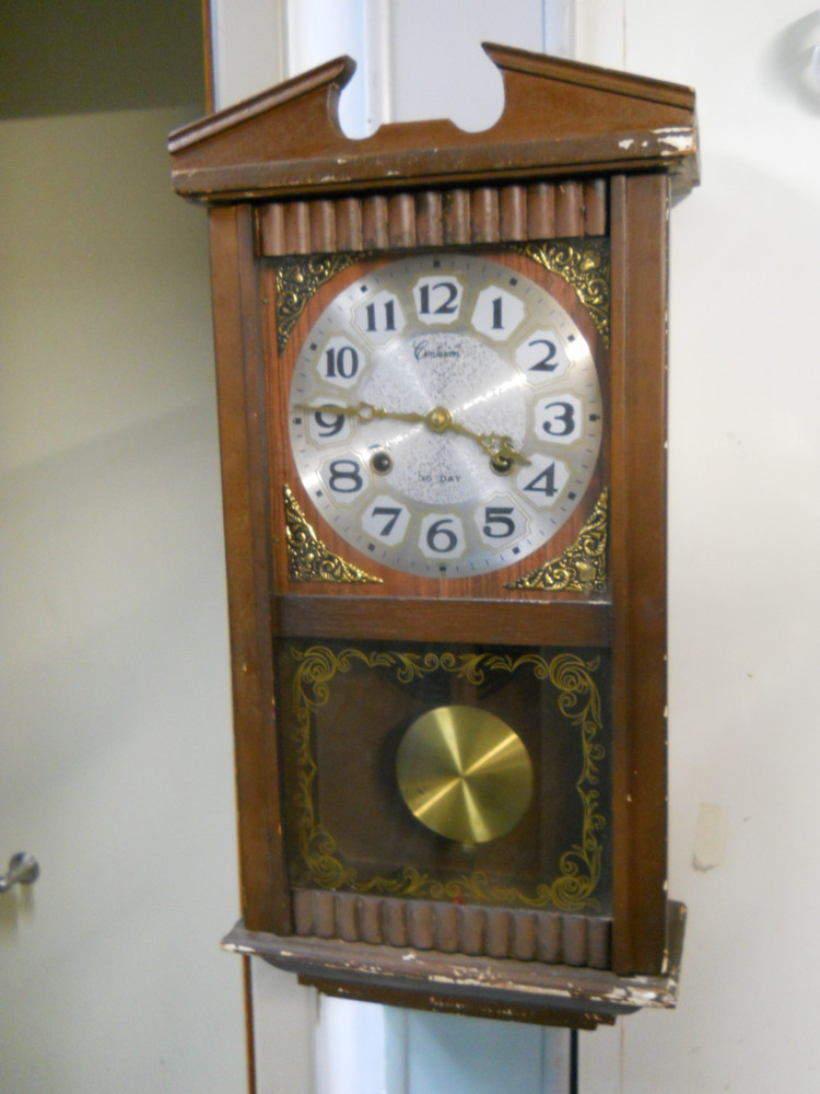 Centurion 35 Day Wall Clock Chimes w/ Pendulum & Key Works Needs TLC