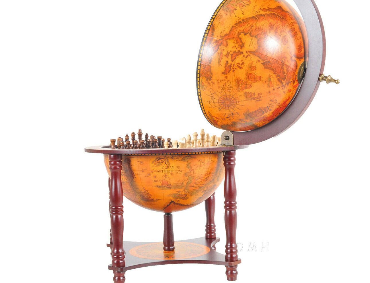 Unique Chess Board w/ Pieces Hidden in Wood Table Top Nautical Old World Globe