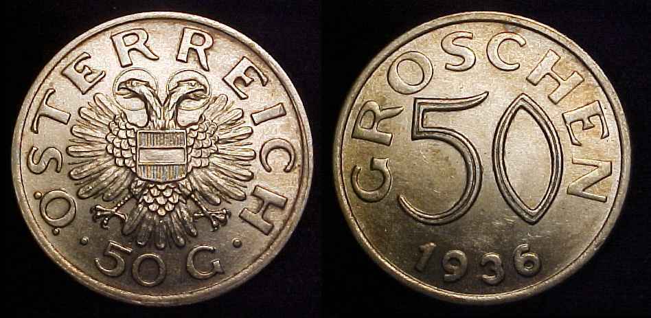 AUSTRIA 1936 Silver 50 Groschen AU