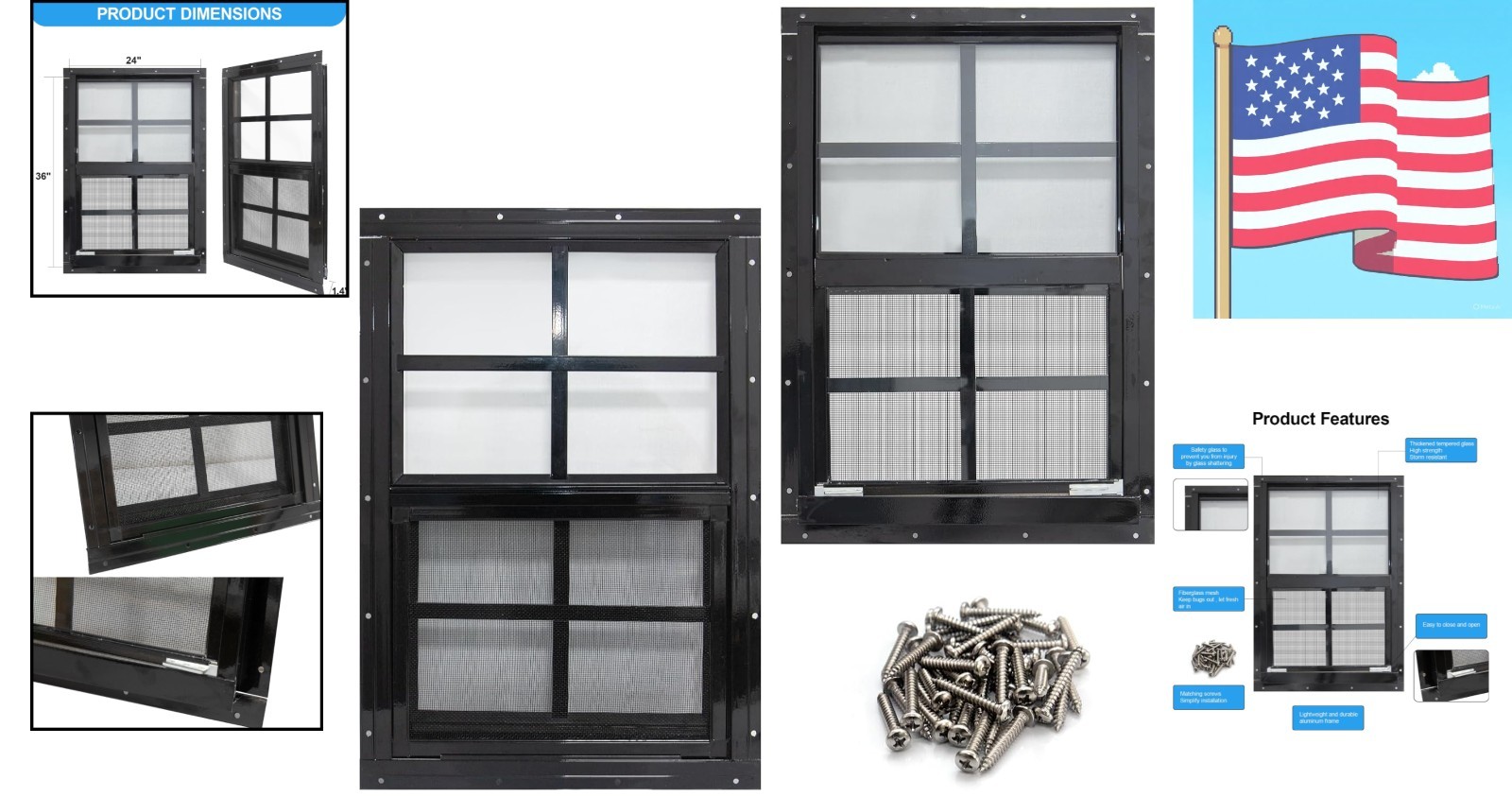 2 Pack Shed Windows with Black Frame, 24 x 36 Flush Mount Small Window with T...