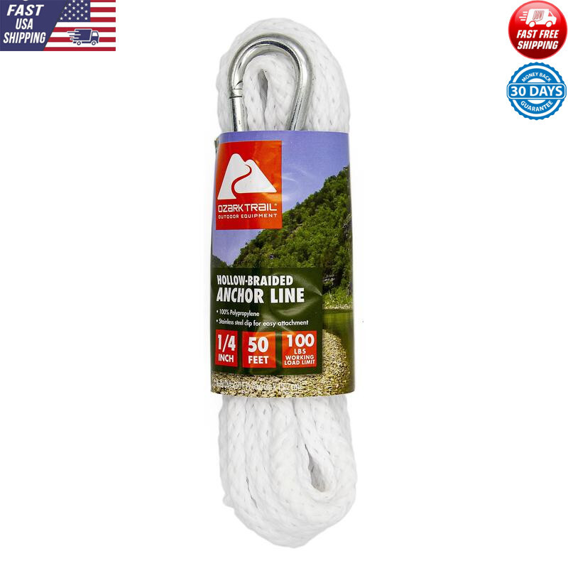50ft Braided Polypropylene Anchor Line W/ Snap Hook Durable Rot-Resistant Rope