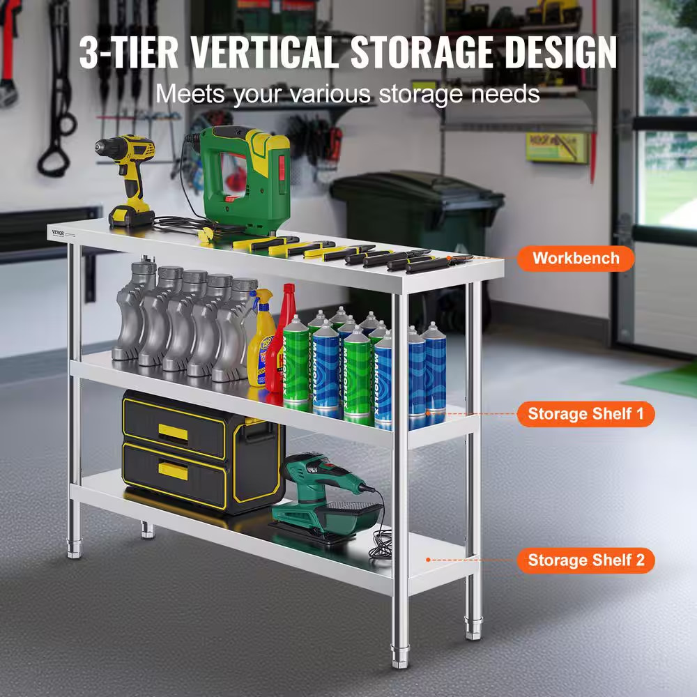 Kitchen Prep Table 14 X 48 X 34 In. BBQ Prep Table with 2 Adjustable Undershelf
