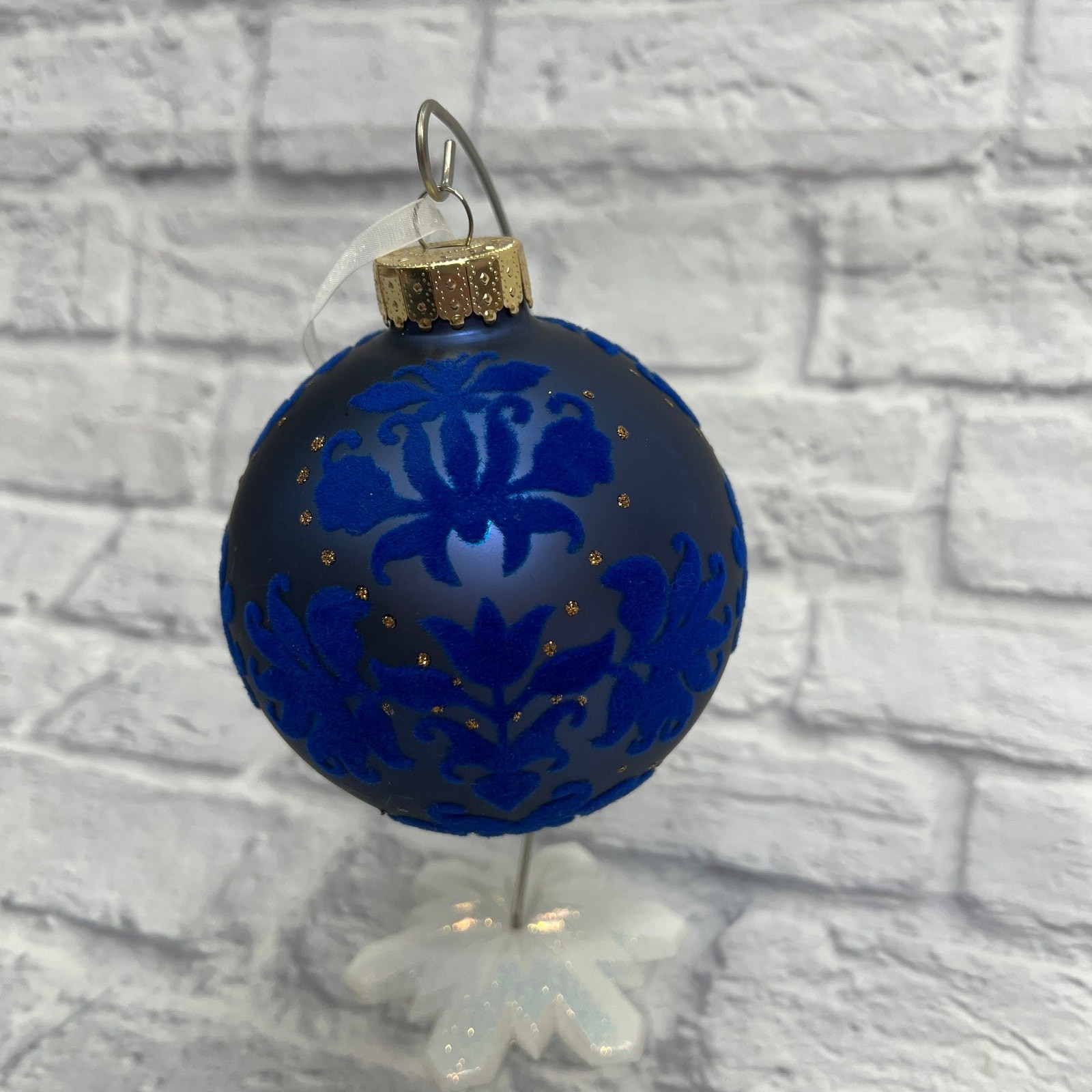 Vintage UT Bauble 4.5" Navy Blue Gold Ball Ornament Paisley Textured Sparkle