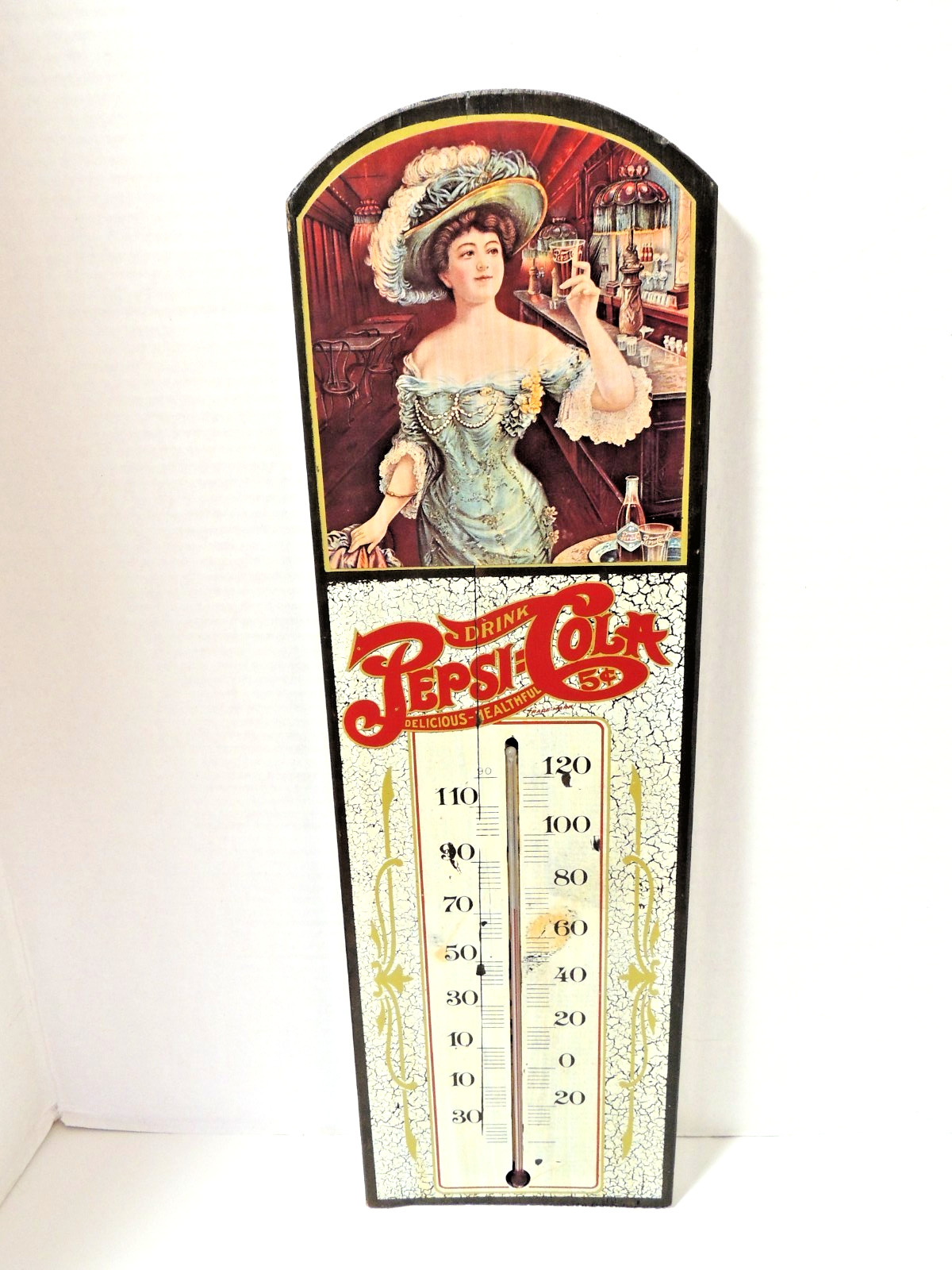 VINTAGE 1973 PEPSI COLA WOODEN ADVERTISING THERMOMETER FANCY LADY in BAR, WORKS!