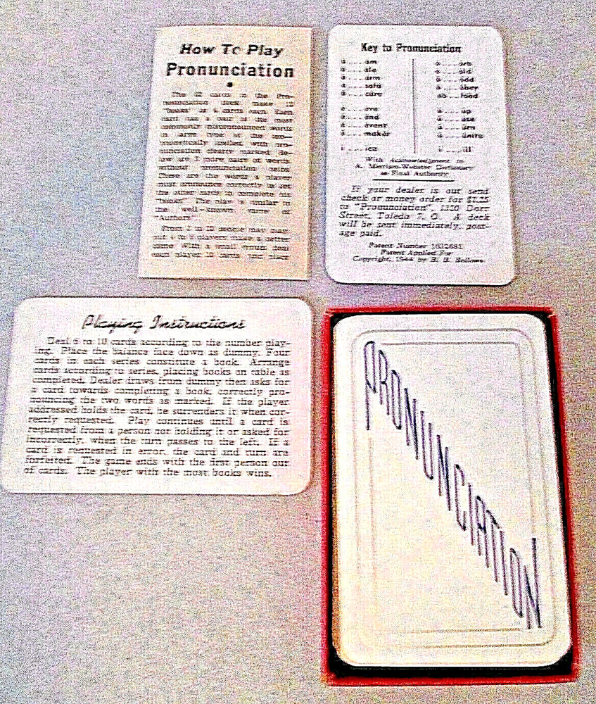 Antique 1944 PRONUNCIATION Educational PLAYING CARDS DECK Half Box GAME RULES