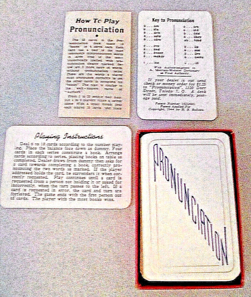 Antique 1944 PRONUNCIATION Educational PLAYING CARDS DECK Half Box GAME RULES
