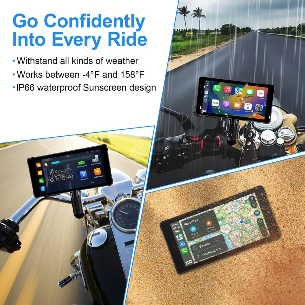 7" Waterproof Motorcycle Navigator Wireless CarPlay Android Auto Portable Screen