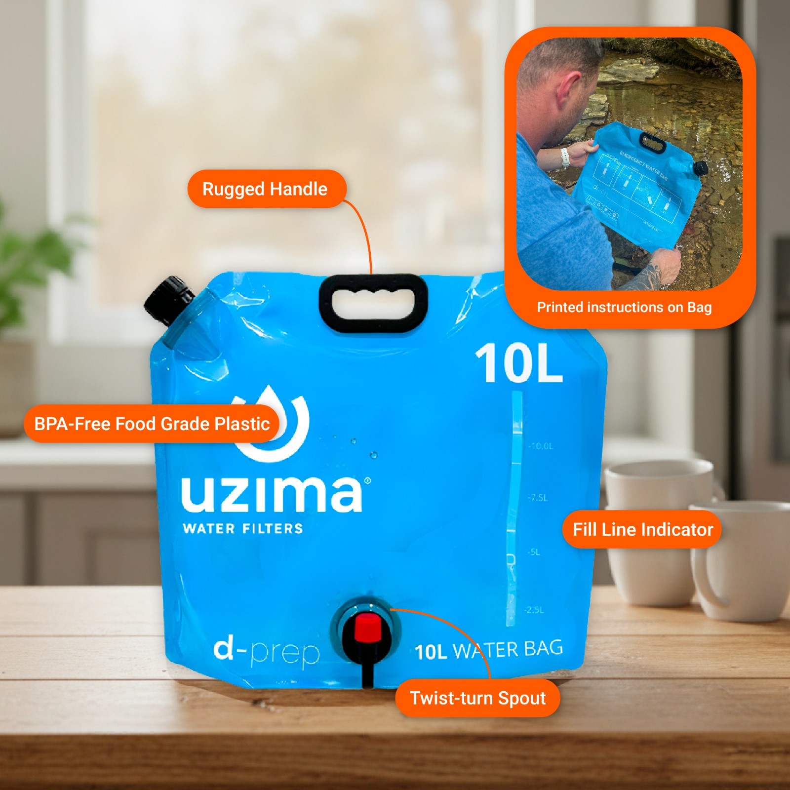 Uzima D-Prep Blue Emergency Water Bag – 10L Collapsible Water Container