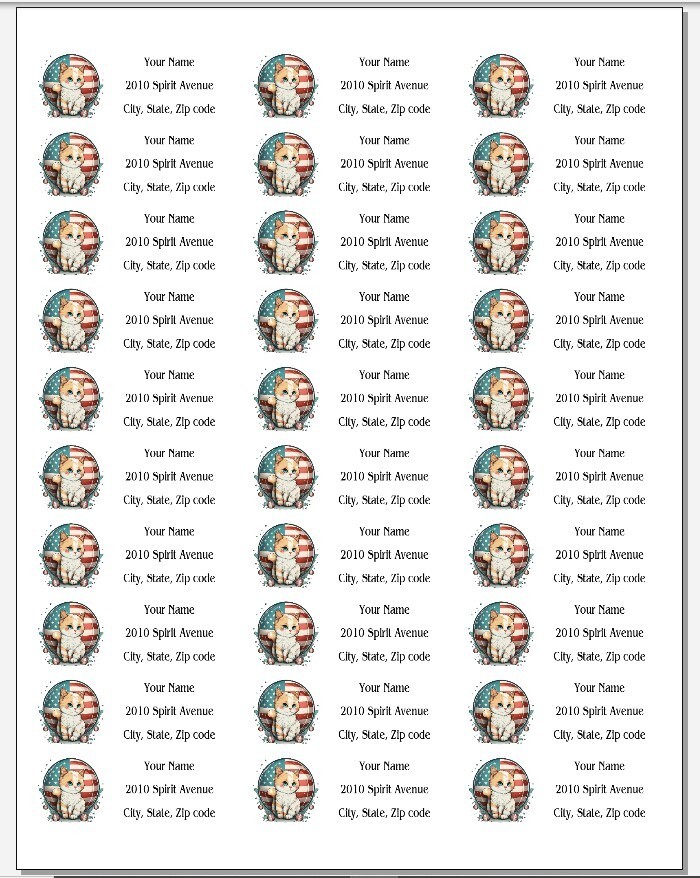 150 American Flag Cat Kitten Mailing Return Address Labels Personalized