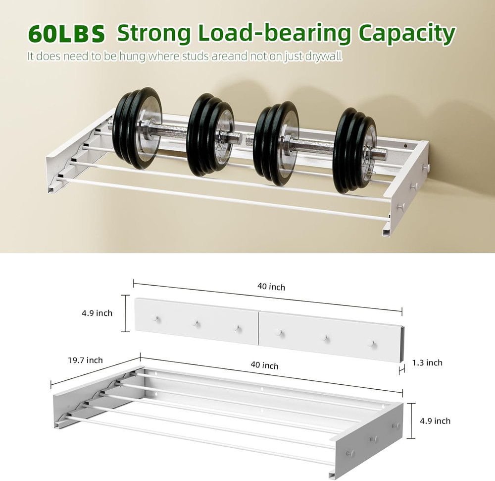 Collapsible Wall-Mounted Drying Rack with 5 Rods & 6 Hooks - Space-Saving Design