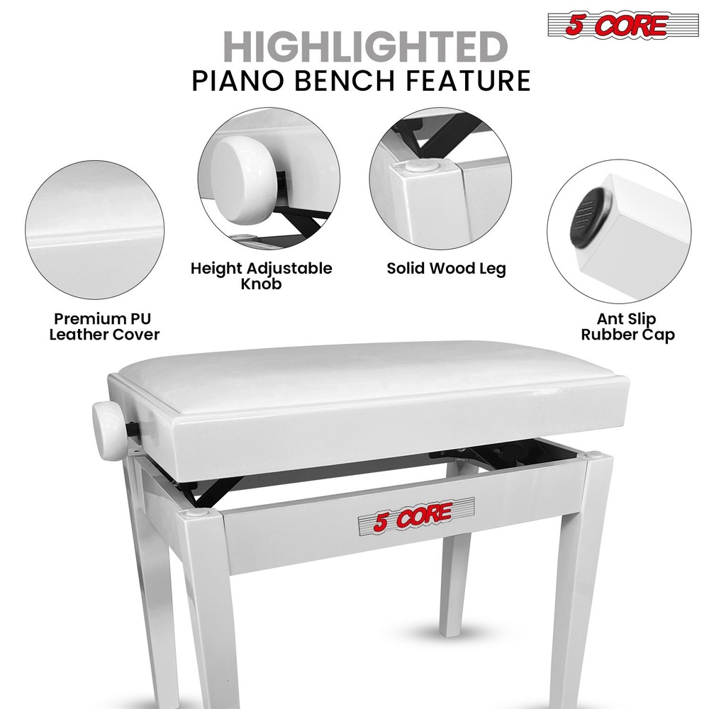 5 Core Adjustable Piano Bench Thick Padded Solid Wood Keyboard Stool Heavy Duty