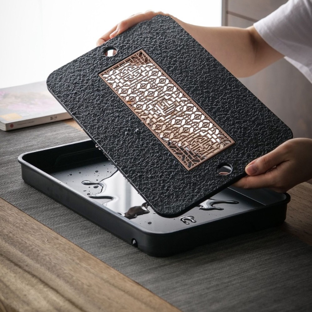 Man-made Stone Tea Tray Water Reservoir Draining Function Plastic Layer Copper