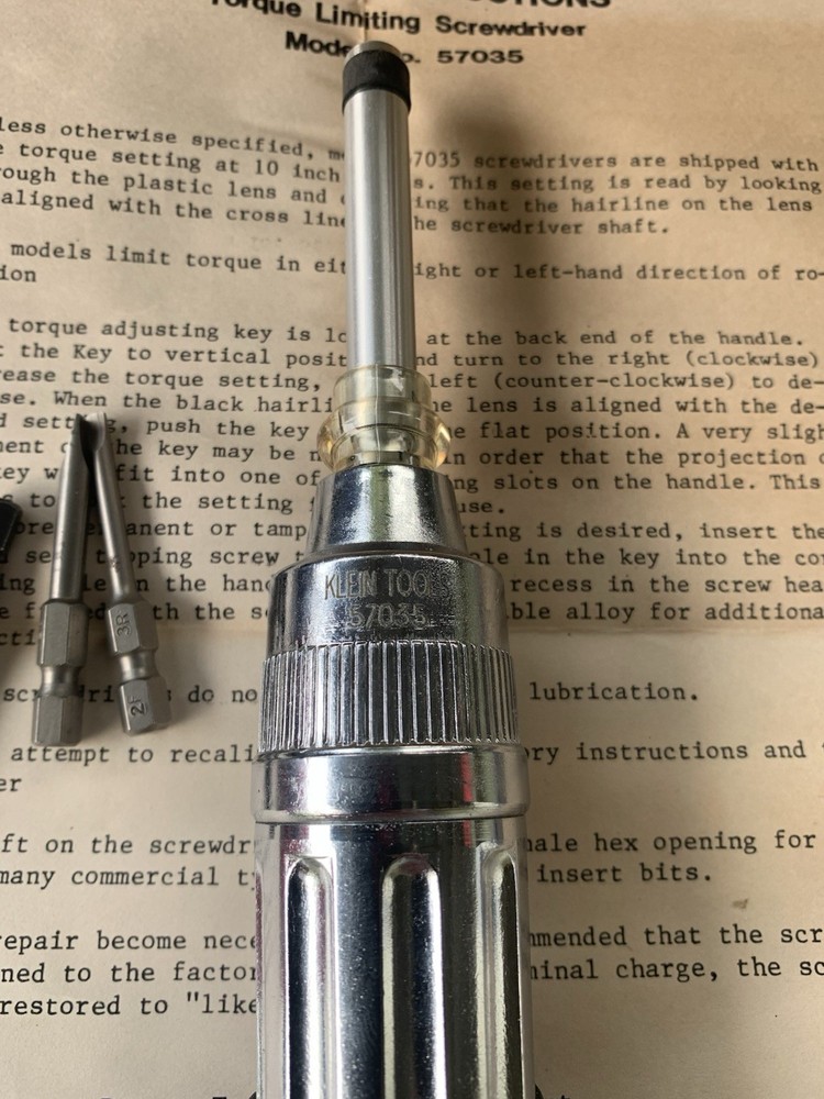 Klein 57035 Torque Screwdriver w Bits Adjustable 1/4” Hex USA Tool