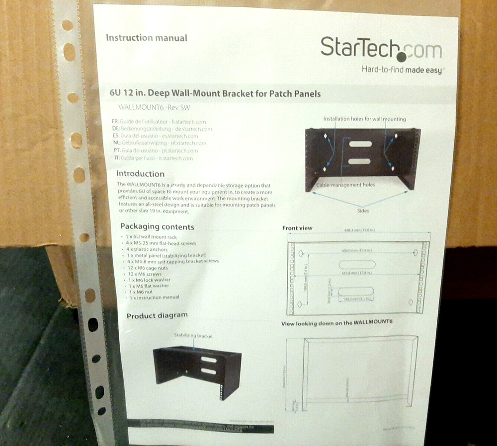 StarTech.com 6U 12 Inch Steel Wall Mount Bracket For Patch Panels NEW