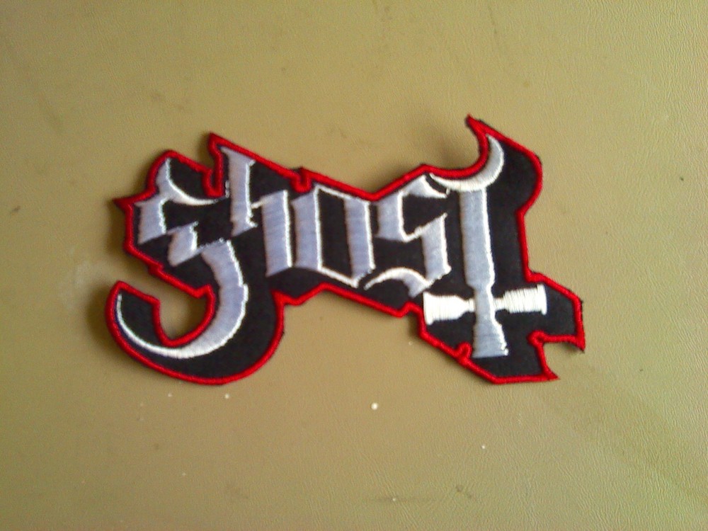 GHOST,IRON ON WHITE WITH RED EDGE EMBROIDERED PATCH