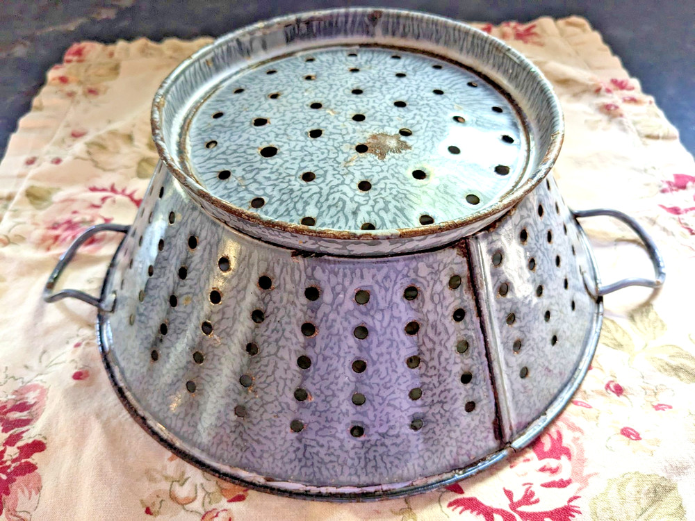 Antique Graniteware Colander Enamelware Strainer Rustic Primitive Farmhouse
