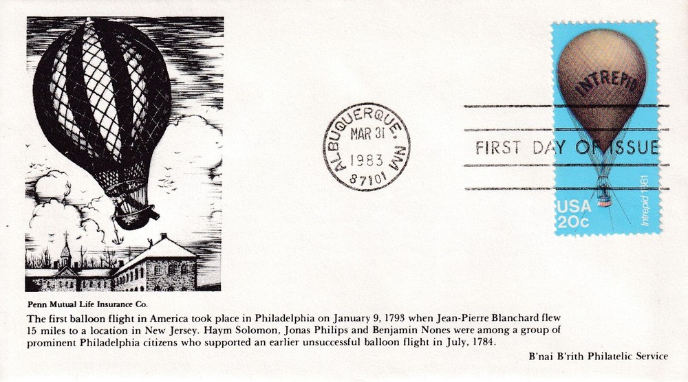 STAMP US SCOTT 2032 "Balloon-Intrepid, 1861" 20 CENT 1983 FDC - E