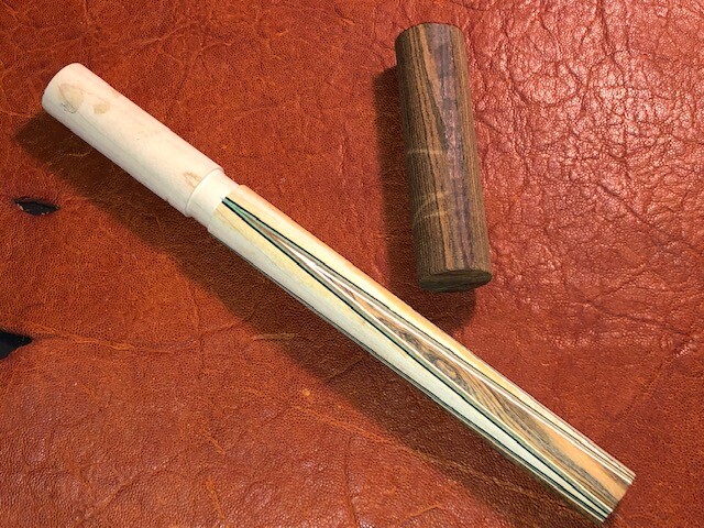 Jerry Rauenzahn 4 Point Prong Pool Cue Front. Bocote into Maple.