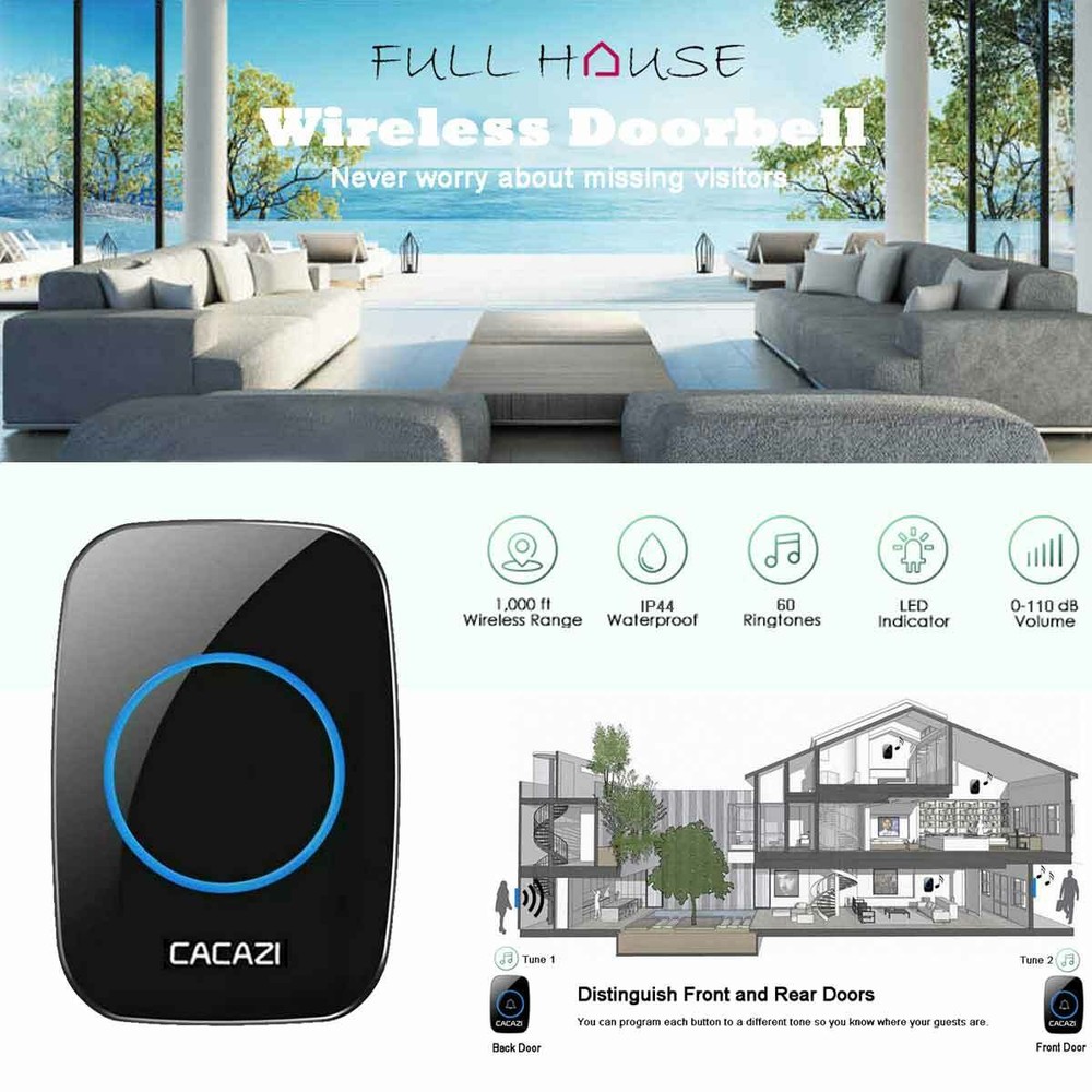 Waterproof Wireless Doorbell Adjustable Volume 1000ft Plug-In Receiver