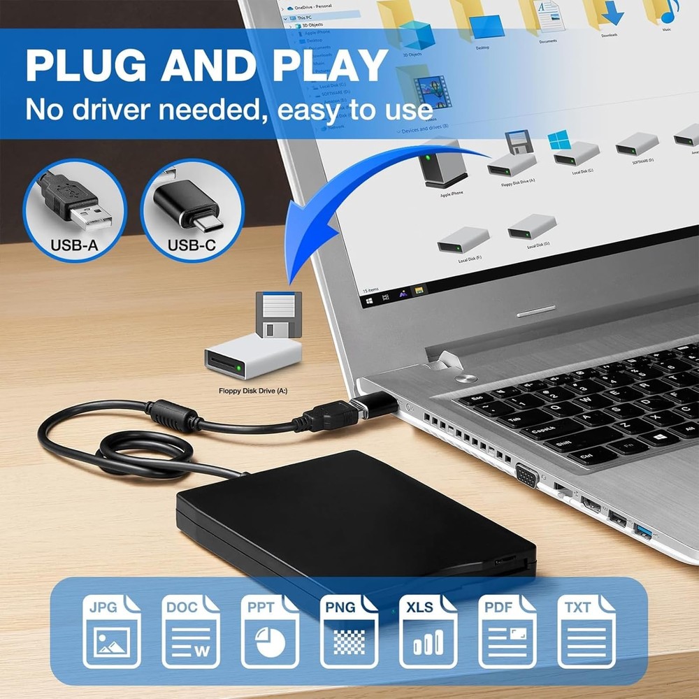 Flylin Floppy Disk Reader, 3.5 inch USB External Floppy Drive for PC/Laptop a...