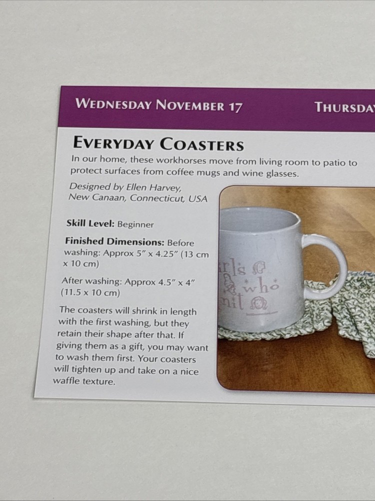 Everyday Coasters Knitting Pattern Card Page