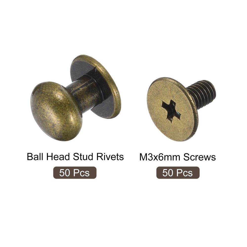 8mm Ball Head Stud Rivets Screw Back, 50Pack Round Head Button, Bronze Tone