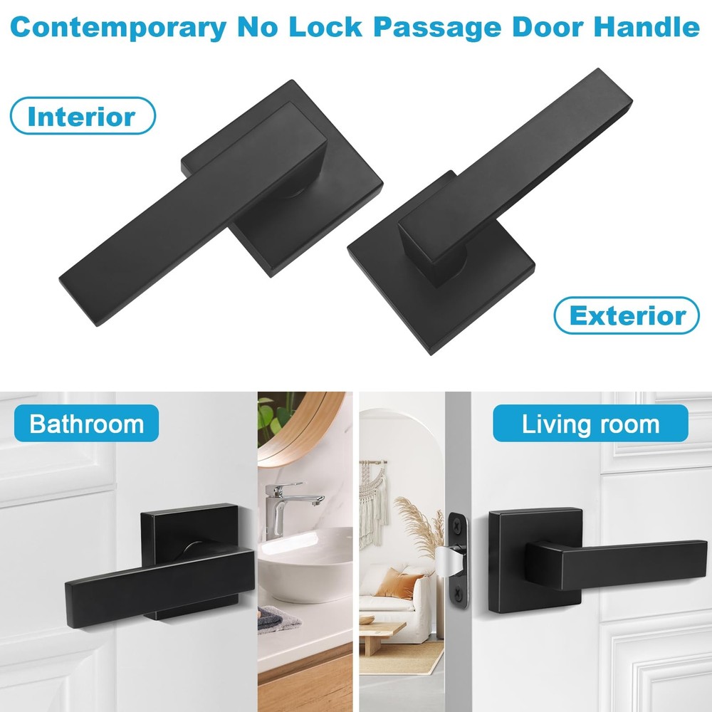 Estmoon 2 Pack Passage Door Levers, Matte Black Door Knobs Interior Square Do...