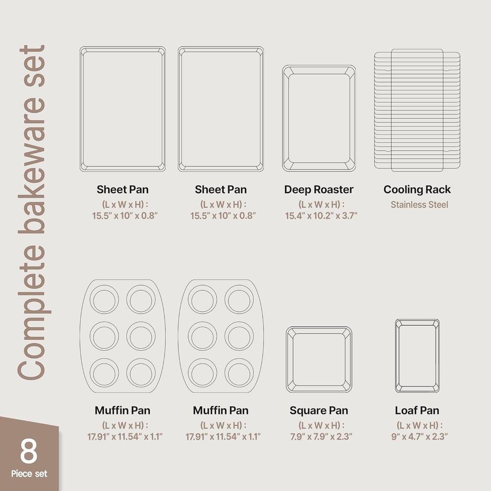 8-Piece Stackable Bakeware Set Ceramic Non-Stick Coating Baking Sheets Durable