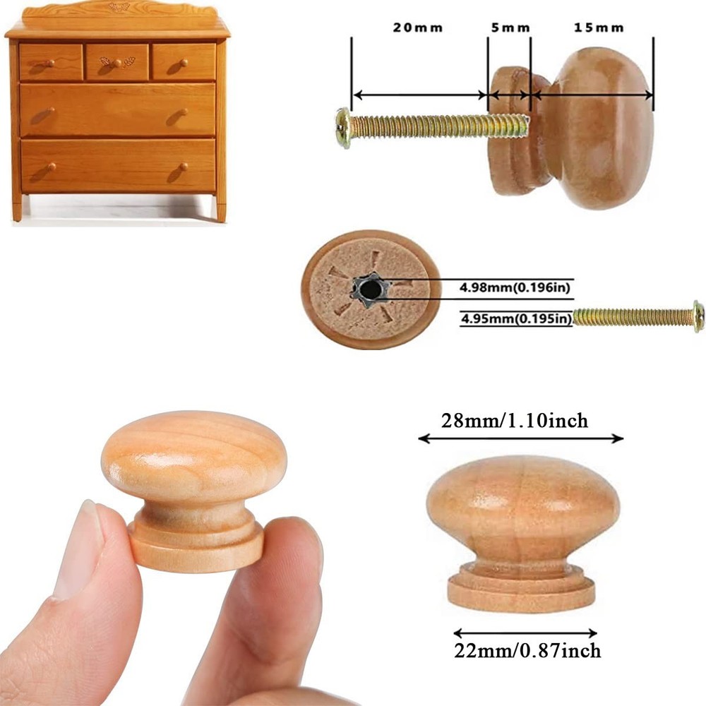 20Pcs Unfinished Wood Drawer knobs Pulls Finished, 33mm Round Mushroom