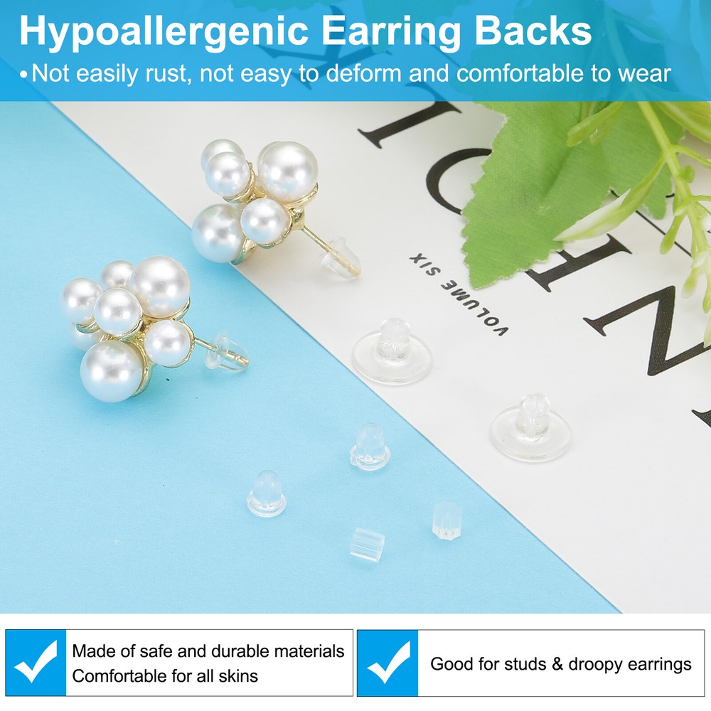 2Pcs Earring Backs for Stud, 925 Silver Sterling/Silicone Plastic Stopper, Clear