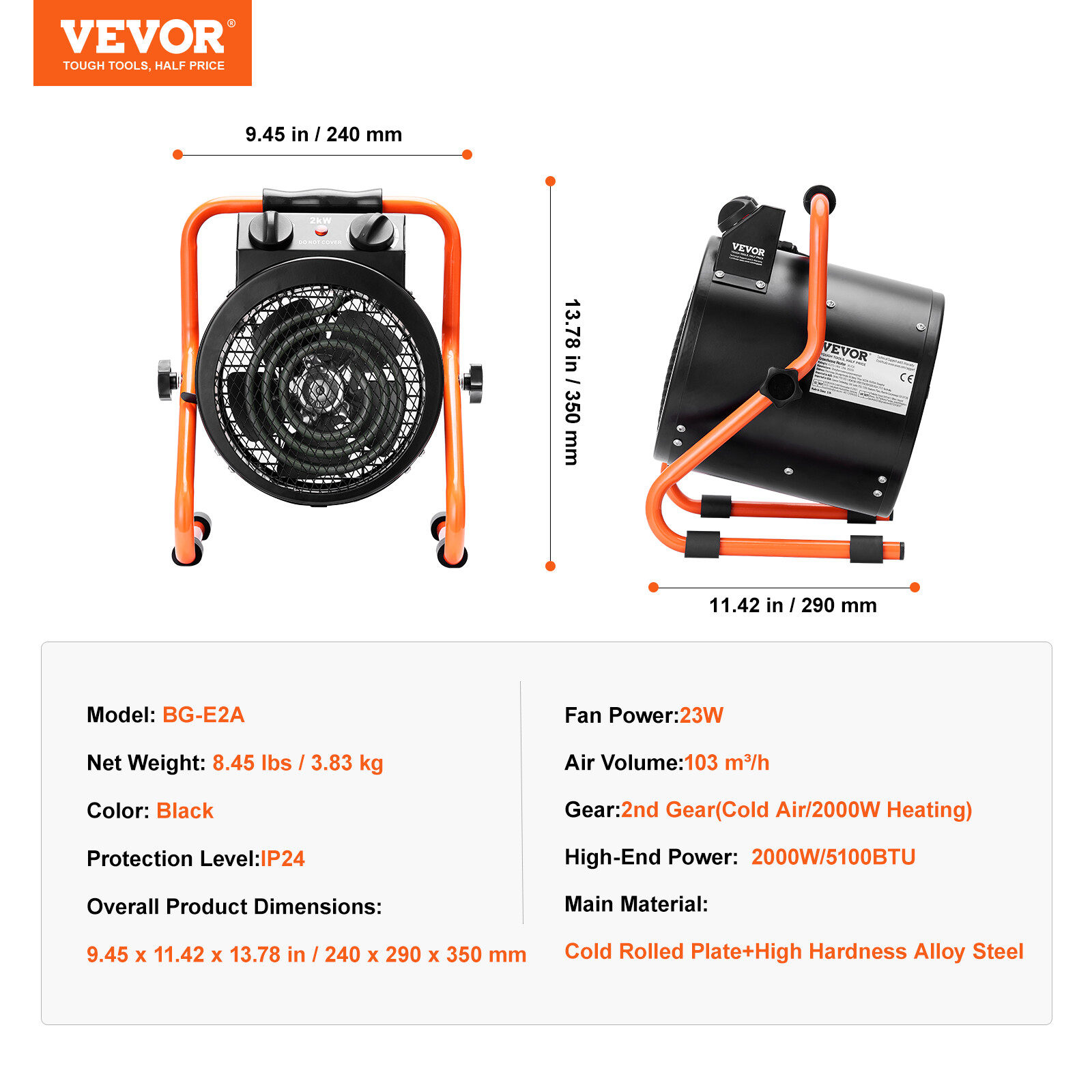 VEVOR Greenhouse Heater 1500W Fast Heating with Overheat Protection Waterproof
