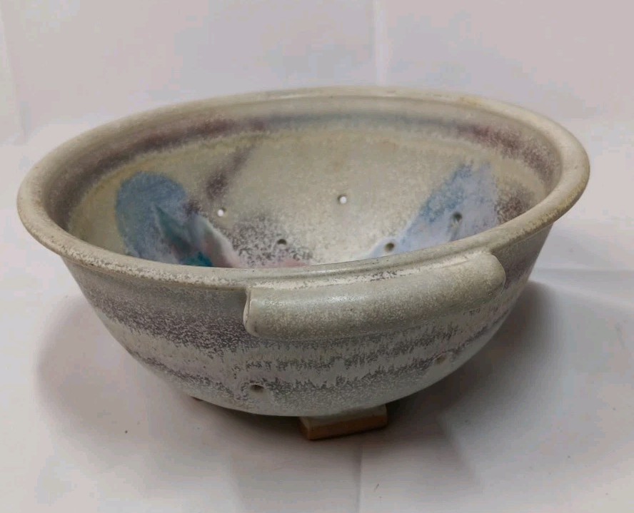 Studio Art Pottery Ceramic Bowl Colander Strainer Signed 8 Inch Diameter