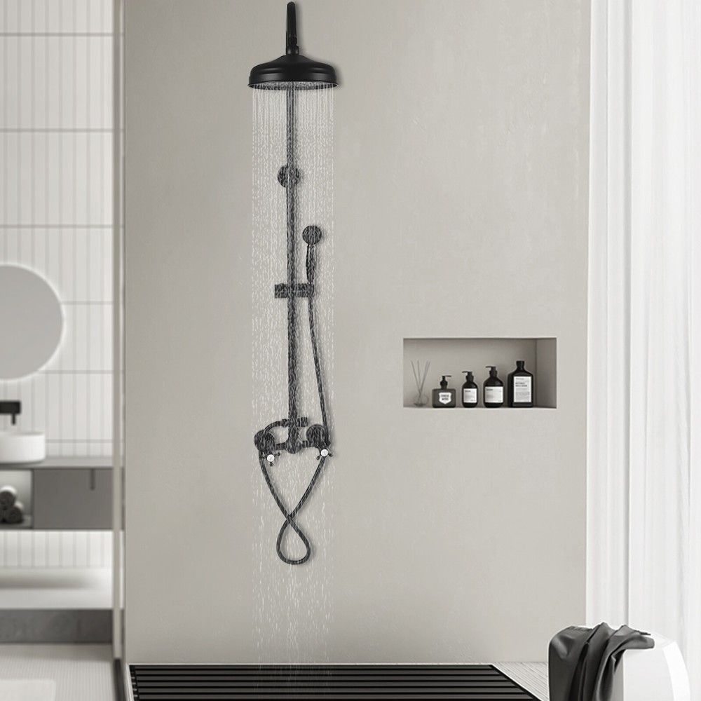 59" Wall Mount Matte Black Shower Faucet Set Hand Shower Double Knobs Unit