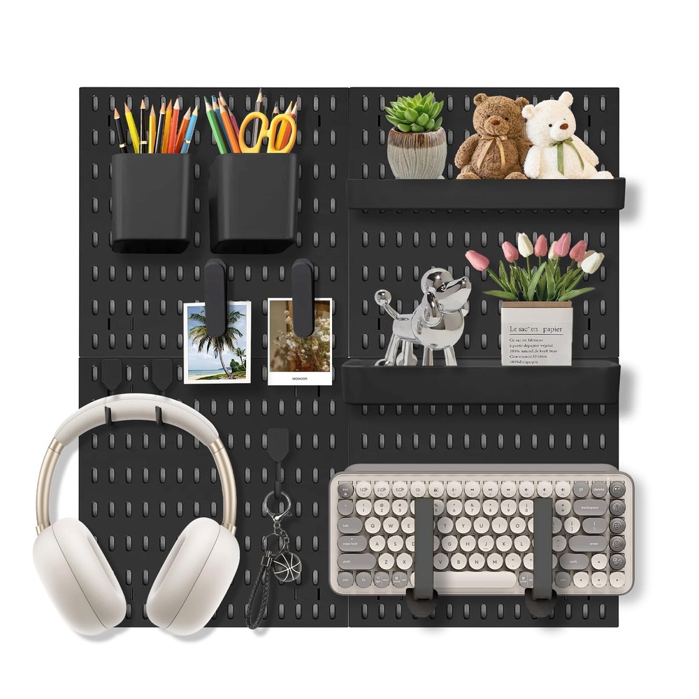 Pegboard Wall Organizer Set – 4 Peg Boards with Hooks & Shelves – Office, Kit...