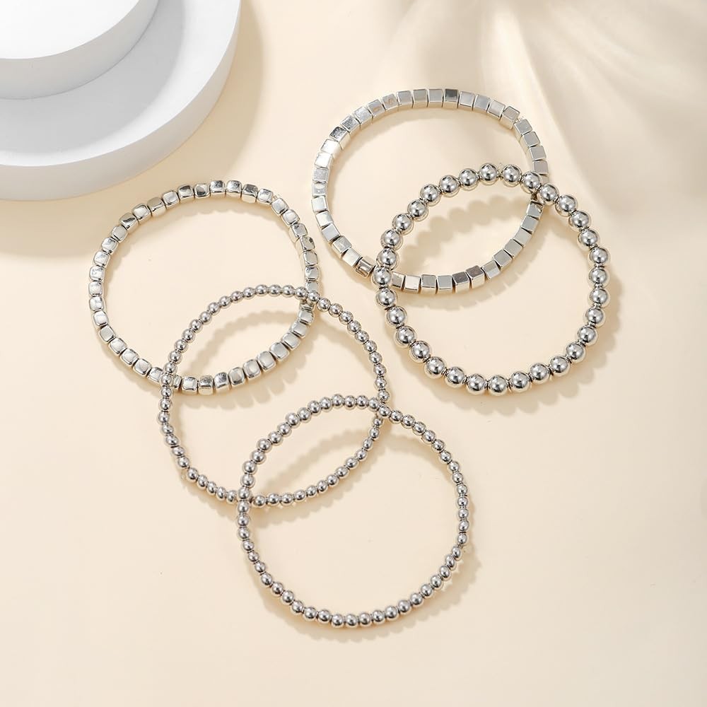 CSIYANJRY99 Silver Beaded Bracelets Medium, Style C-5 PCs Cube Beads